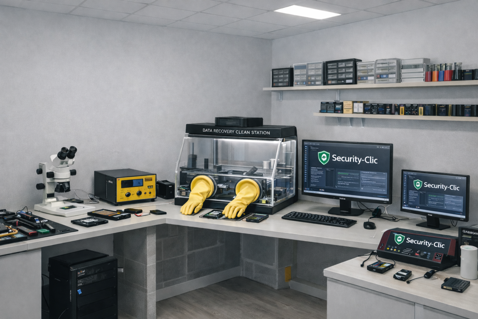 Atelier de récupération de données SECURITY-CLIC LABORATOIRE avec matériel spécialisé